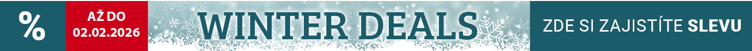 Zimní reklamní banner se sněhovými vločkami. Uprostřed text: Zimní slevy až 35 % na špičkové fitness vybavení. Vlevo nahoře červeně zvýrazněno: Do 2. 2. 2026. Dole další pole s textem: Získejte slevy hned teď.