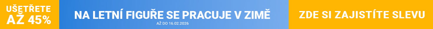 Reklamní banner zobrazuje vpravo osobu v sportovním oblečení na běžeckém pásu v domácím prostředí. Na levé straně je velkými písmeny napsán text: Těla do plavek už v zimě. Až 45 % sleva na špičkové fitness vybavení. Ušetřete hned. Do 16. 2. 2026.